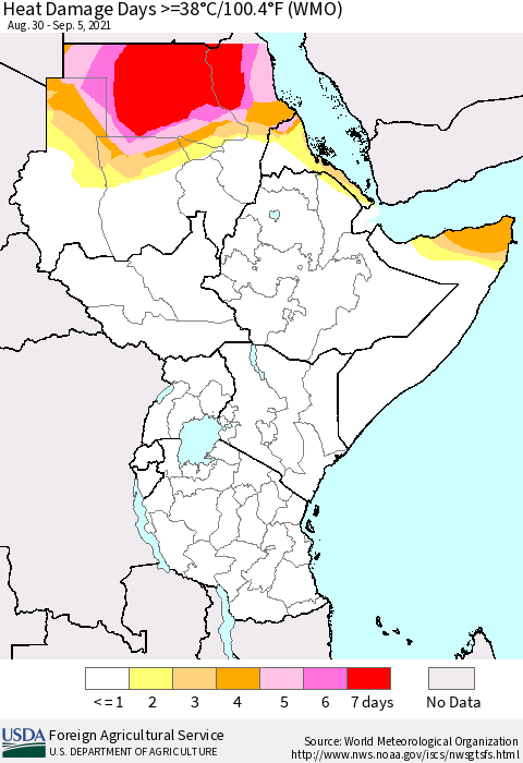 Eastern Africa Heat Damage Days >=38°C/100.4°F (WMO) Thematic Map For 8/30/2021 - 9/5/2021