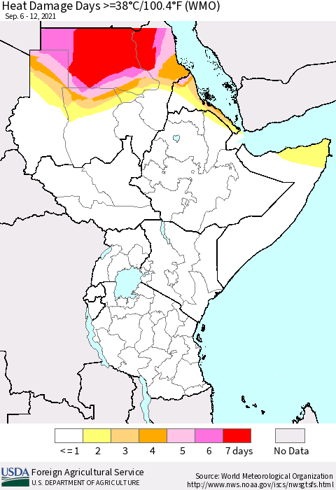 Eastern Africa Heat Damage Days >=38°C/100.4°F (WMO) Thematic Map For 9/6/2021 - 9/12/2021