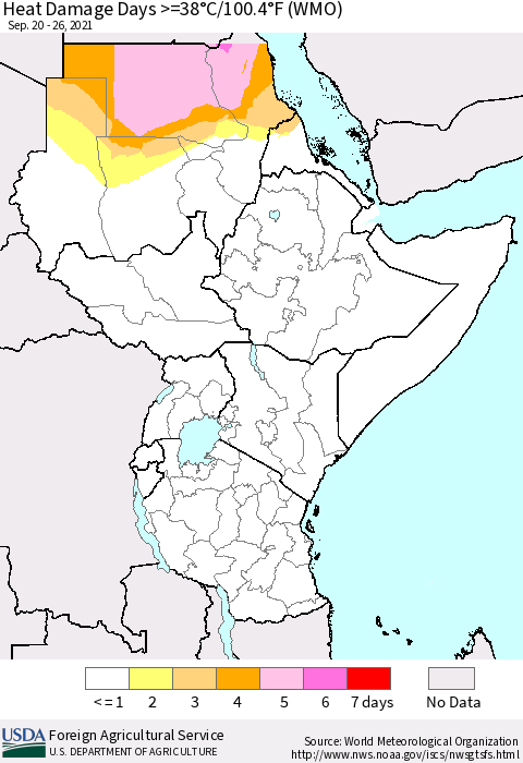 Eastern Africa Heat Damage Days >=38°C/100.4°F (WMO) Thematic Map For 9/20/2021 - 9/26/2021