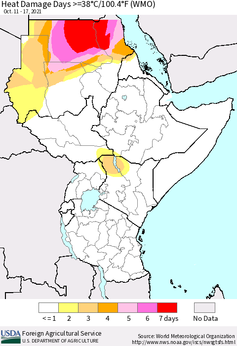 Eastern Africa Heat Damage Days >=38°C/100.4°F (WMO) Thematic Map For 10/11/2021 - 10/17/2021