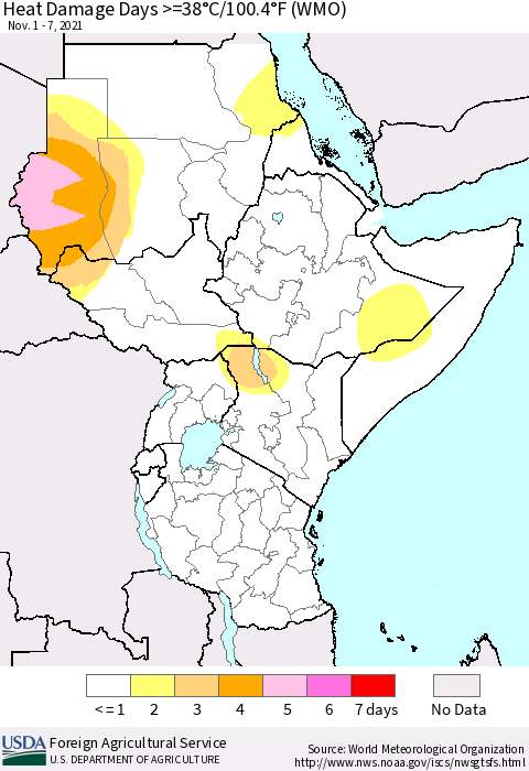 Eastern Africa Heat Damage Days >=38°C/100°F (WMO) Thematic Map For 11/1/2021 - 11/7/2021