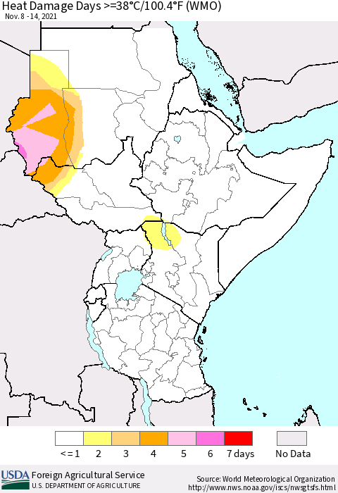 Eastern Africa Heat Damage Days >=38°C/100°F (WMO) Thematic Map For 11/8/2021 - 11/14/2021