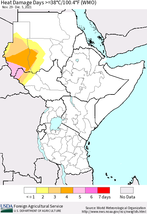 Eastern Africa Heat Damage Days >=38°C/100.4°F (WMO) Thematic Map For 11/29/2021 - 12/5/2021