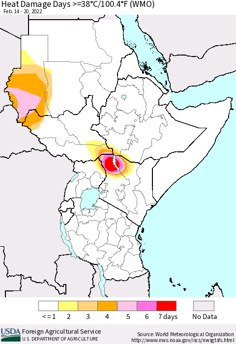 Eastern Africa Heat Damage Days >=38°C/100°F (WMO) Thematic Map For 2/14/2022 - 2/20/2022