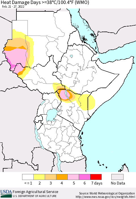 Eastern Africa Heat Damage Days >=38°C/100°F (WMO) Thematic Map For 2/21/2022 - 2/27/2022