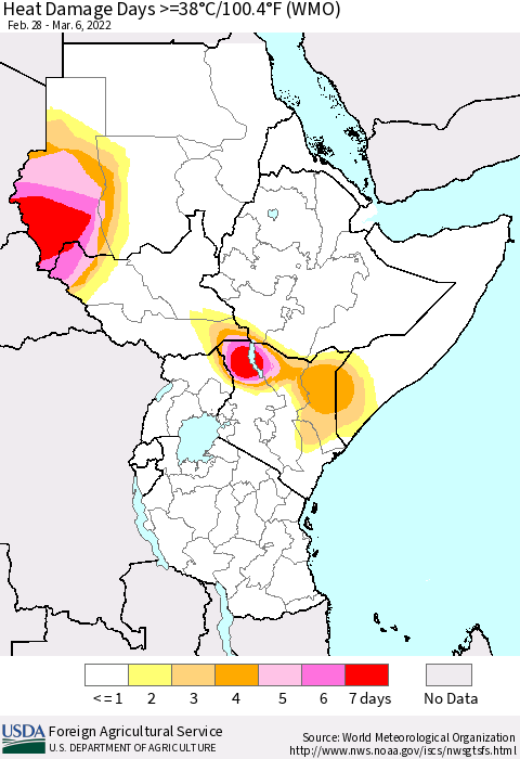 Eastern Africa Heat Damage Days >=38°C/100°F (WMO) Thematic Map For 2/28/2022 - 3/6/2022