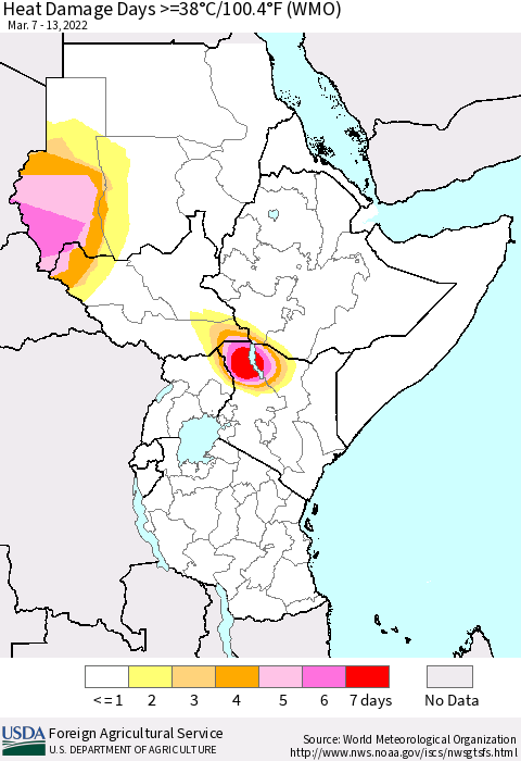 Eastern Africa Heat Damage Days >=38°C/100°F (WMO) Thematic Map For 3/7/2022 - 3/13/2022