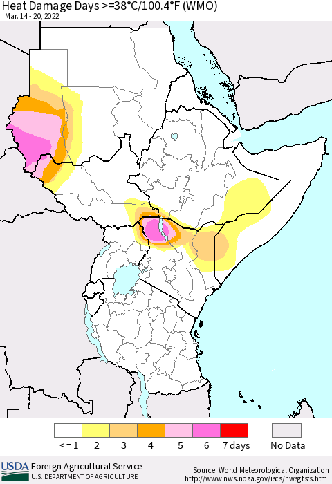 Eastern Africa Heat Damage Days >=38°C/100°F (WMO) Thematic Map For 3/14/2022 - 3/20/2022