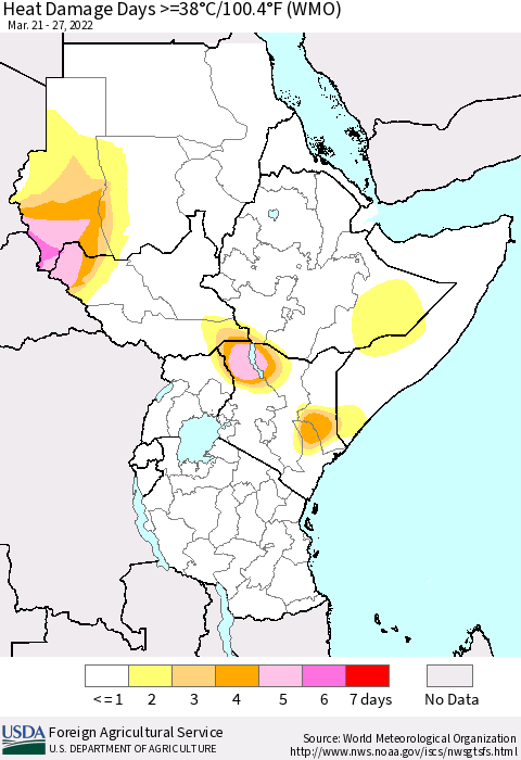 Eastern Africa Heat Damage Days >=38°C/100°F (WMO) Thematic Map For 3/21/2022 - 3/27/2022