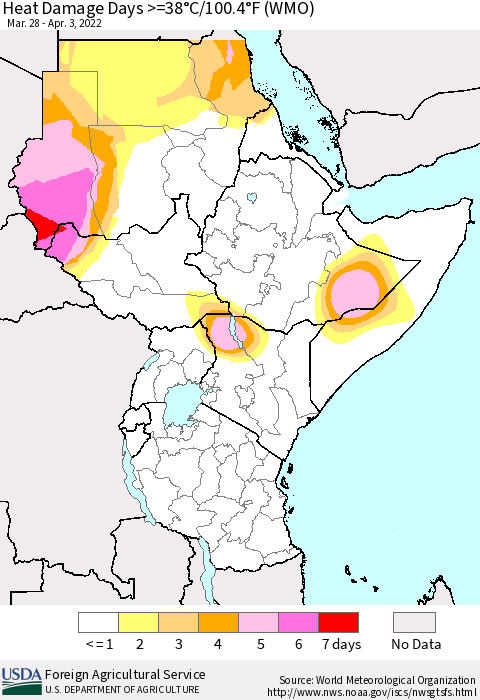 Eastern Africa Heat Damage Days >=38°C/100°F (WMO) Thematic Map For 3/28/2022 - 4/3/2022