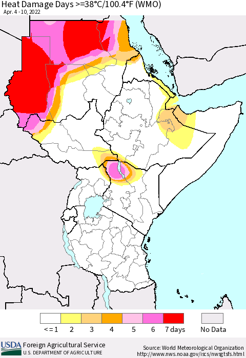 Eastern Africa Heat Damage Days >=38°C/100°F (WMO) Thematic Map For 4/4/2022 - 4/10/2022