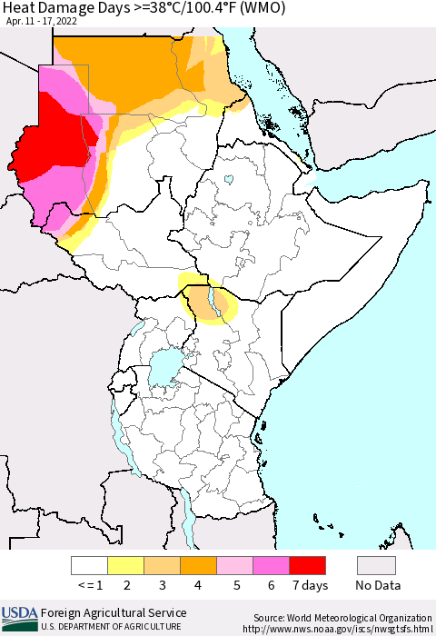Eastern Africa Heat Damage Days >=38°C/100°F (WMO) Thematic Map For 4/11/2022 - 4/17/2022
