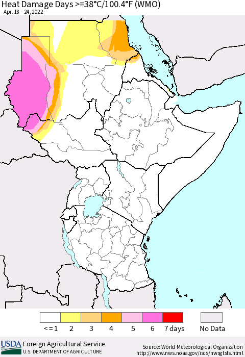 Eastern Africa Heat Damage Days >=38°C/100°F (WMO) Thematic Map For 4/18/2022 - 4/24/2022