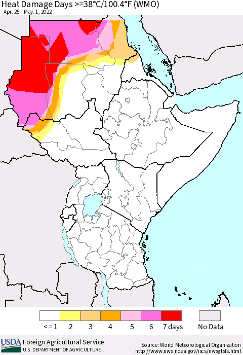 Eastern Africa Heat Damage Days >=38°C/100°F (WMO) Thematic Map For 4/25/2022 - 5/1/2022