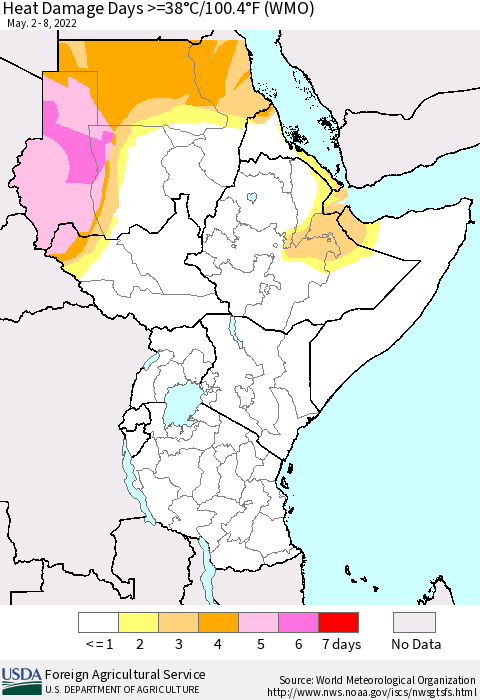 Eastern Africa Heat Damage Days >=38°C/100°F (WMO) Thematic Map For 5/2/2022 - 5/8/2022