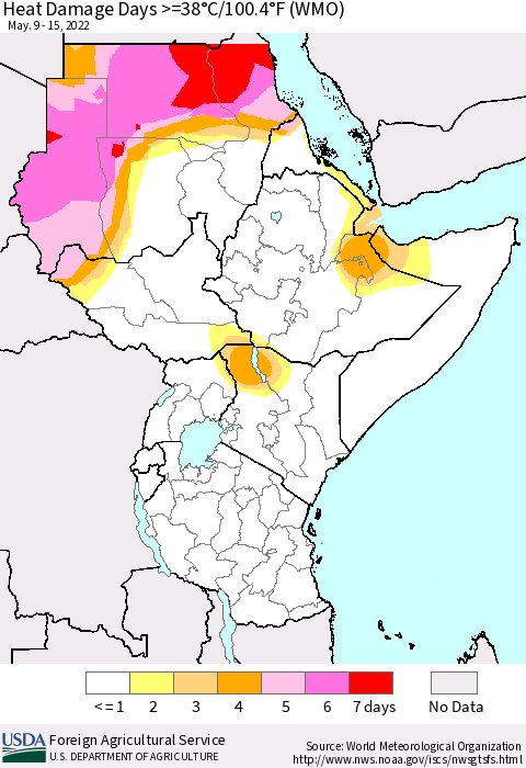 Eastern Africa Heat Damage Days >=38°C/100°F (WMO) Thematic Map For 5/9/2022 - 5/15/2022