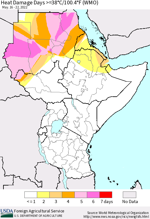 Eastern Africa Heat Damage Days >=38°C/100°F (WMO) Thematic Map For 5/16/2022 - 5/22/2022