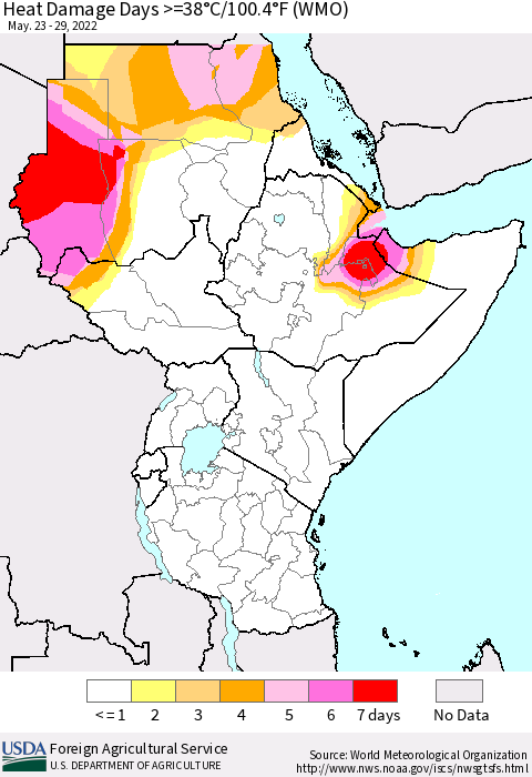 Eastern Africa Heat Damage Days >=38°C/100°F (WMO) Thematic Map For 5/23/2022 - 5/29/2022