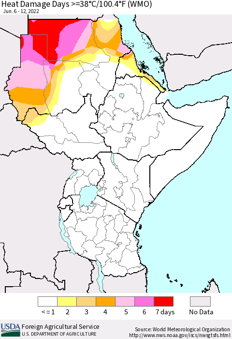 Eastern Africa Heat Damage Days >=38°C/100°F (WMO) Thematic Map For 6/6/2022 - 6/12/2022