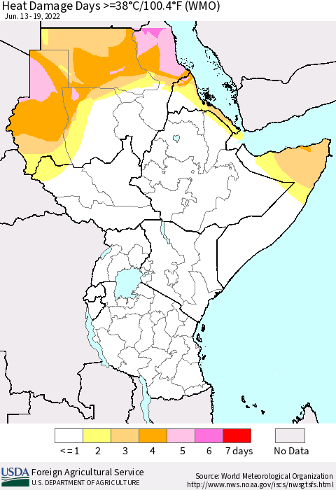 Eastern Africa Heat Damage Days >=38°C/100°F (WMO) Thematic Map For 6/13/2022 - 6/19/2022