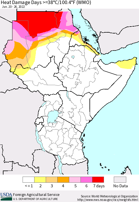 Eastern Africa Heat Damage Days >=38°C/100°F (WMO) Thematic Map For 6/20/2022 - 6/26/2022
