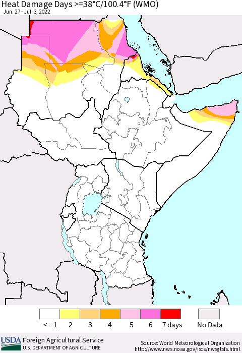Eastern Africa Heat Damage Days >=38°C/100°F (WMO) Thematic Map For 6/27/2022 - 7/3/2022