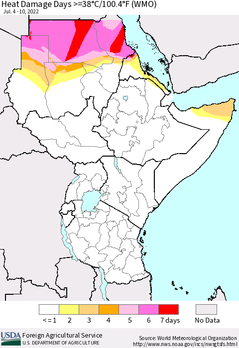 Eastern Africa Heat Damage Days >=38°C/100°F (WMO) Thematic Map For 7/4/2022 - 7/10/2022