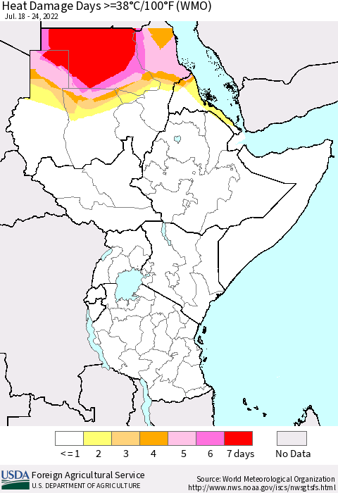 Eastern Africa Heat Damage Days >=38°C/100°F (WMO) Thematic Map For 7/18/2022 - 7/24/2022