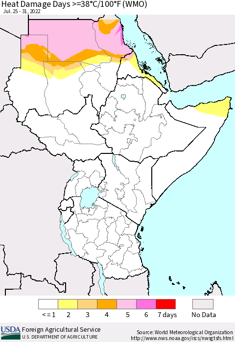 Eastern Africa Heat Damage Days >=38°C/100°F (WMO) Thematic Map For 7/25/2022 - 7/31/2022