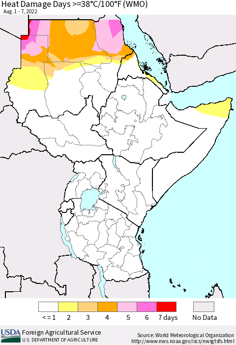 Eastern Africa Heat Damage Days >=38°C/100°F (WMO) Thematic Map For 8/1/2022 - 8/7/2022
