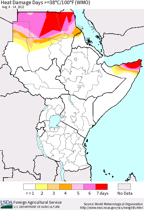 Eastern Africa Heat Damage Days >=38°C/100°F (WMO) Thematic Map For 8/8/2022 - 8/14/2022