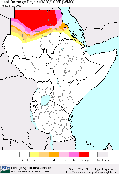 Eastern Africa Heat Damage Days >=38°C/100°F (WMO) Thematic Map For 8/15/2022 - 8/21/2022