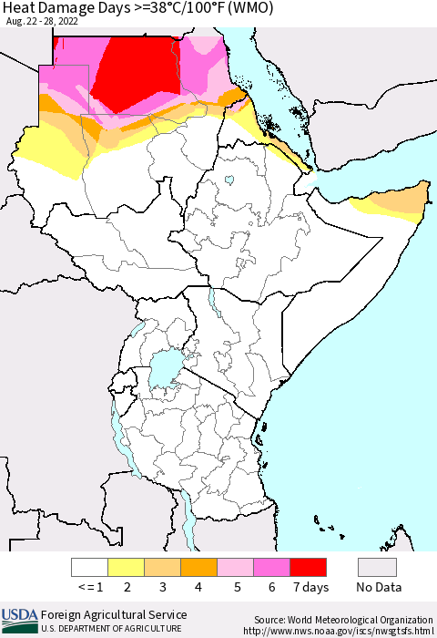 Eastern Africa Heat Damage Days >=38°C/100°F (WMO) Thematic Map For 8/22/2022 - 8/28/2022