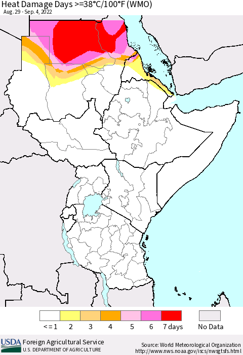 Eastern Africa Heat Damage Days >=38°C/100°F (WMO) Thematic Map For 8/29/2022 - 9/4/2022
