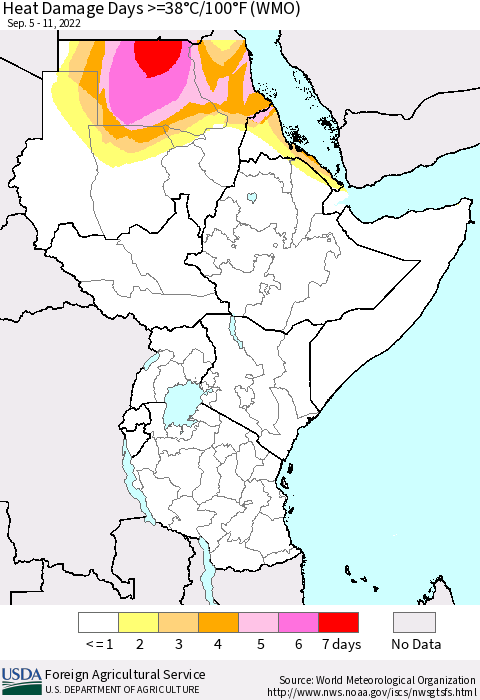 Eastern Africa Heat Damage Days >=38°C/100°F (WMO) Thematic Map For 9/5/2022 - 9/11/2022