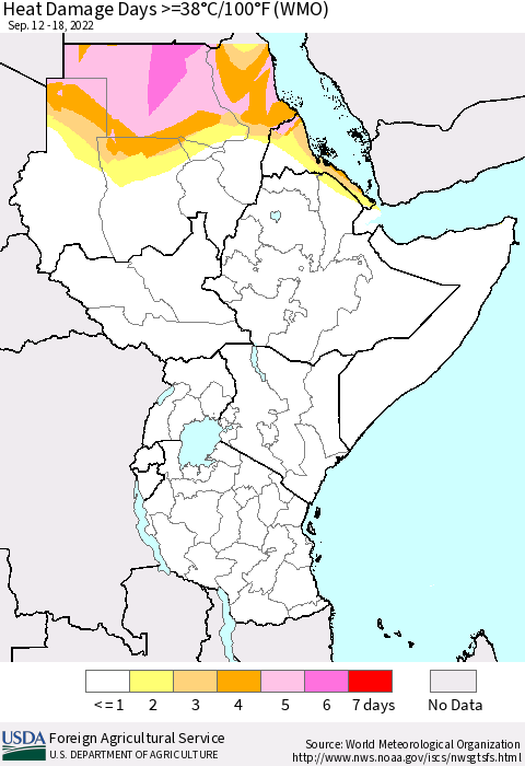 Eastern Africa Heat Damage Days >=38°C/100°F (WMO) Thematic Map For 9/12/2022 - 9/18/2022