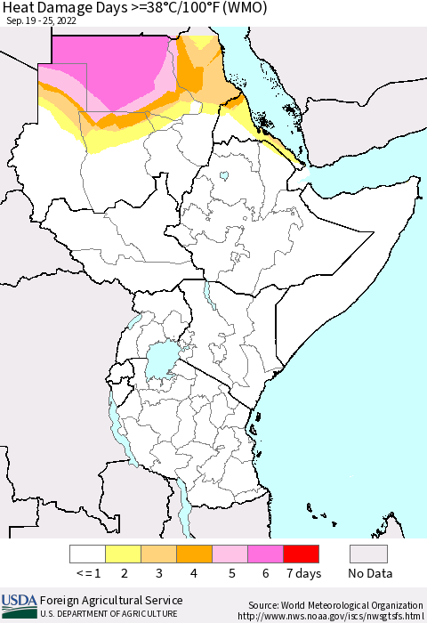 Eastern Africa Heat Damage Days >=38°C/100°F (WMO) Thematic Map For 9/19/2022 - 9/25/2022