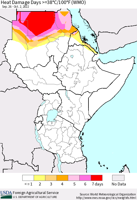 Eastern Africa Heat Damage Days >=38°C/100°F (WMO) Thematic Map For 9/26/2022 - 10/2/2022