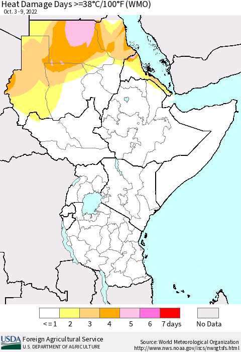 Eastern Africa Heat Damage Days >=38°C/100°F (WMO) Thematic Map For 10/3/2022 - 10/9/2022