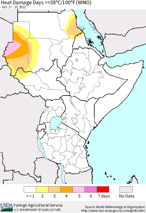 Eastern Africa Heat Damage Days >=38°C/100°F (WMO) Thematic Map For 10/17/2022 - 10/23/2022