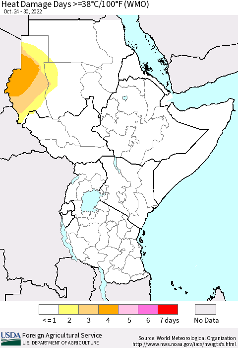 Eastern Africa Heat Damage Days >=38°C/100°F (WMO) Thematic Map For 10/24/2022 - 10/30/2022