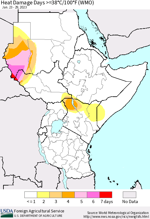 Eastern Africa Heat Damage Days >=38°C/100°F (WMO) Thematic Map For 1/23/2023 - 1/29/2023