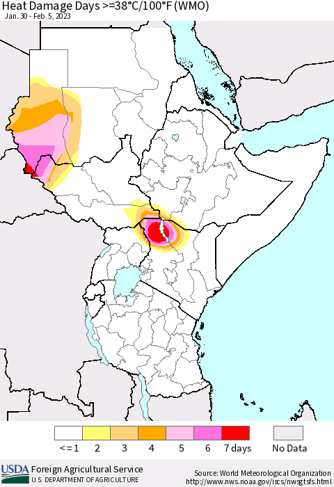 Eastern Africa Heat Damage Days >=38°C/100°F (WMO) Thematic Map For 1/30/2023 - 2/5/2023