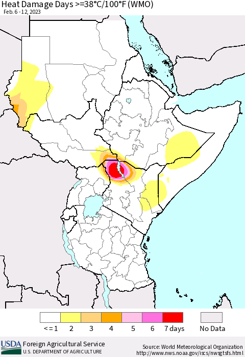 Eastern Africa Heat Damage Days >=38°C/100°F (WMO) Thematic Map For 2/6/2023 - 2/12/2023