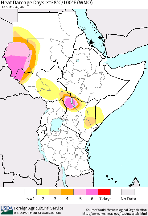 Eastern Africa Heat Damage Days >=38°C/100°F (WMO) Thematic Map For 2/20/2023 - 2/26/2023