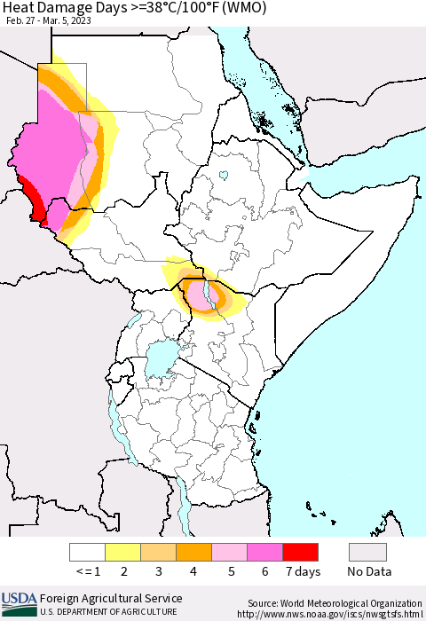 Eastern Africa Heat Damage Days >=38°C/100°F (WMO) Thematic Map For 2/27/2023 - 3/5/2023