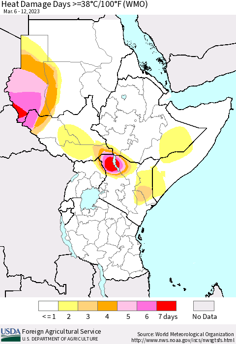 Eastern Africa Heat Damage Days >=38°C/100°F (WMO) Thematic Map For 3/6/2023 - 3/12/2023
