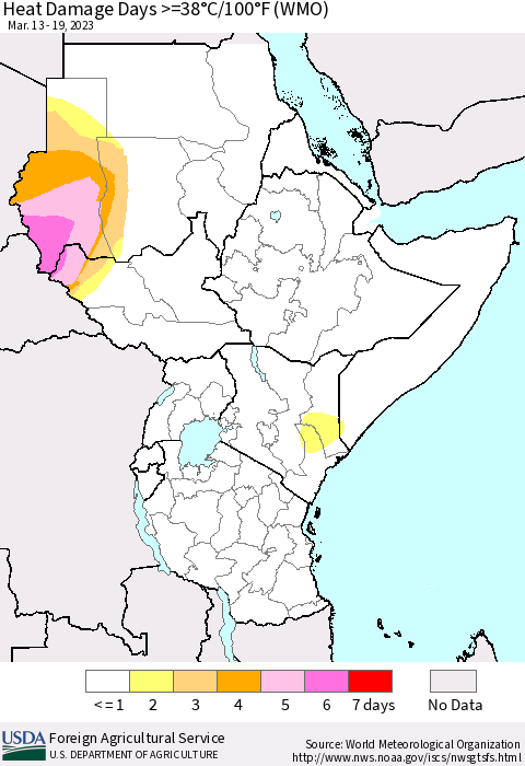 Eastern Africa Heat Damage Days >=38°C/100°F (WMO) Thematic Map For 3/13/2023 - 3/19/2023