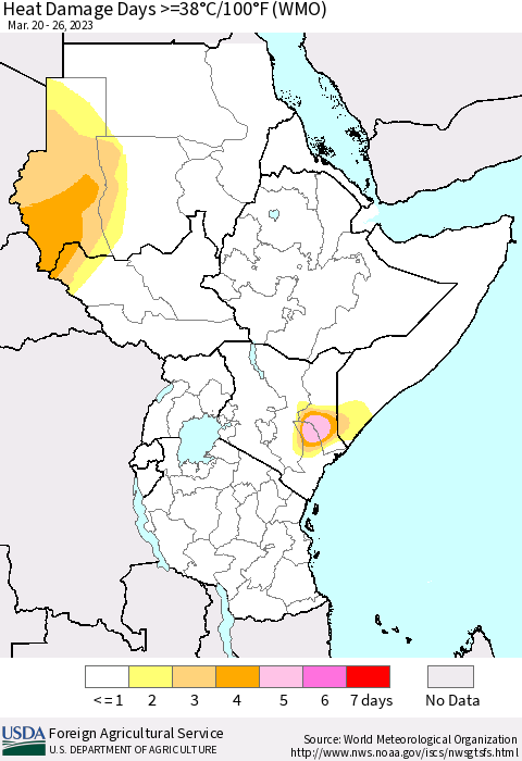 Eastern Africa Heat Damage Days >=38°C/100°F (WMO) Thematic Map For 3/20/2023 - 3/26/2023