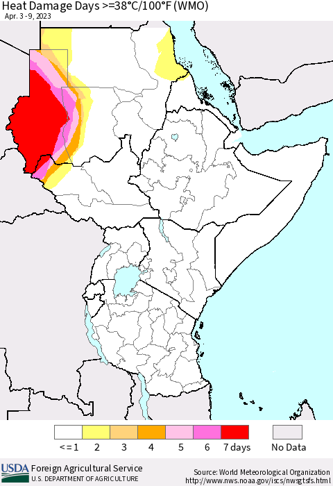 Eastern Africa Heat Damage Days >=38°C/100°F (WMO) Thematic Map For 4/3/2023 - 4/9/2023